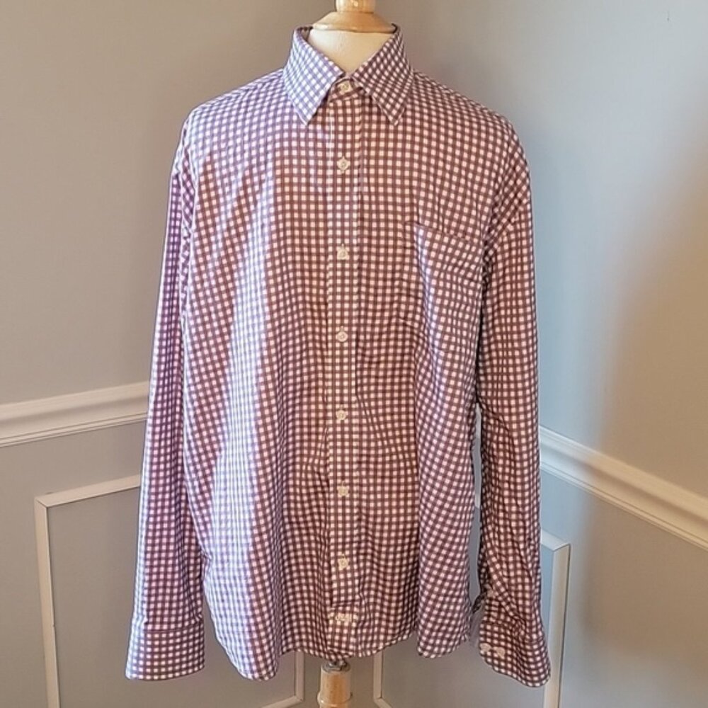 JOHNSTON & MURPHY Purple White Check Plaid Tailored Fit Office Button Down Shirt